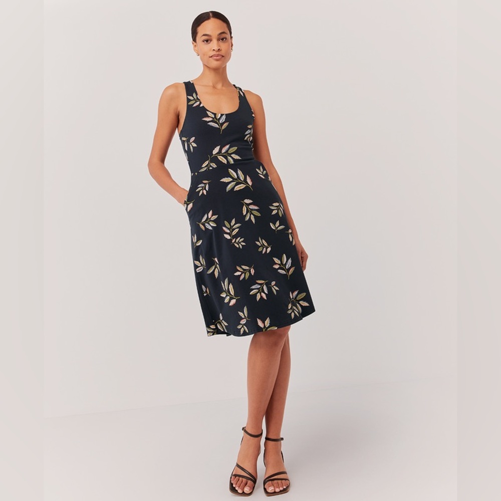 Pact Fit & Flare Tie-Back Dress Golden Hour Leaves Organic Cotton | Size L
